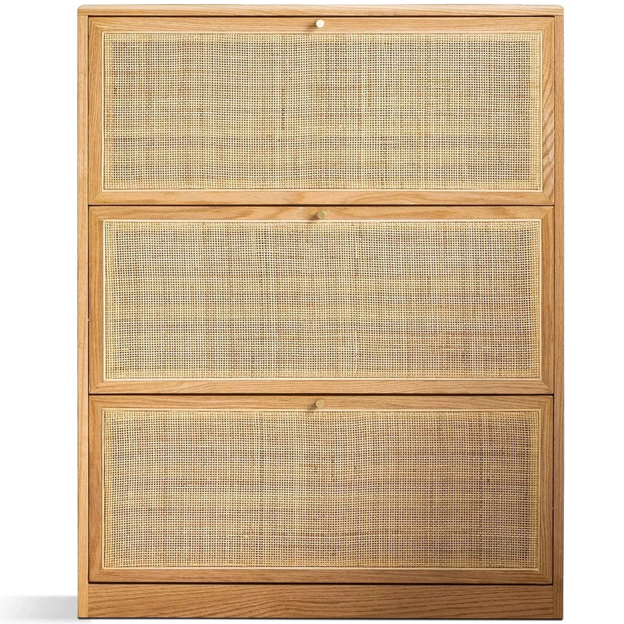 Scandinavian wood shoe cabinet vine weave in white background.