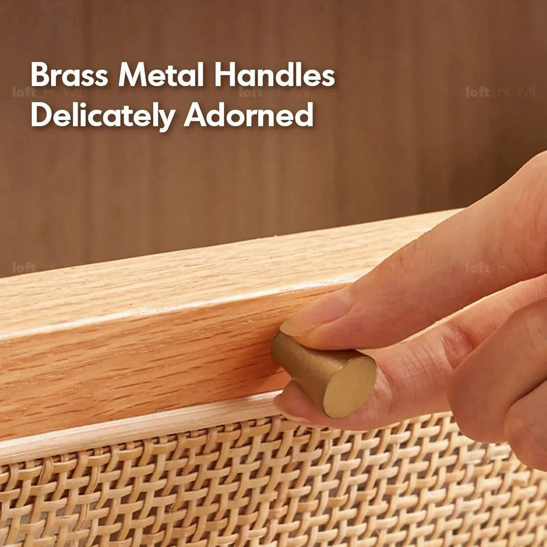 Scandinavian wood shoe cabinet vine weave in real life style.