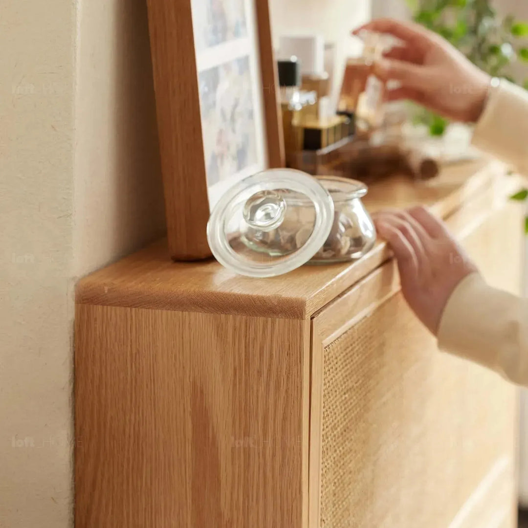 Scandinavian wood shoe cabinet vine weave detail 11.