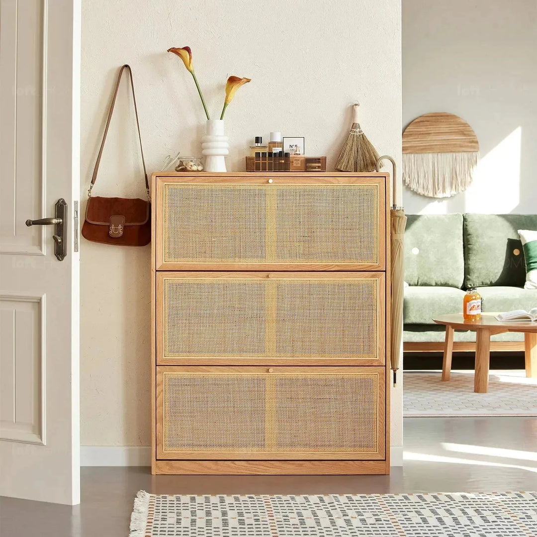 Scandinavian wood shoe cabinet vine weave detail 7.