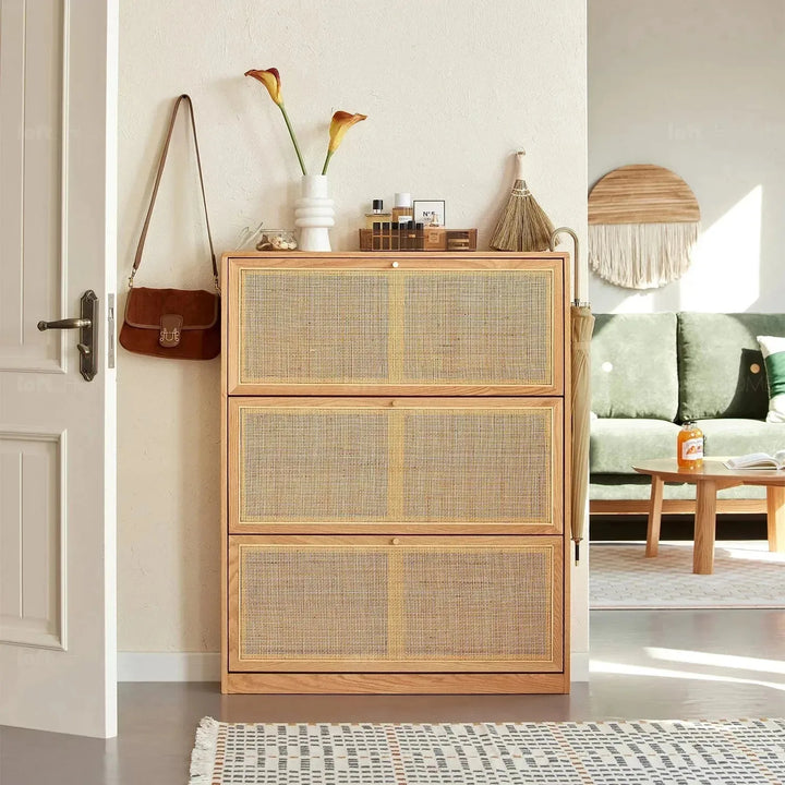 Scandinavian wood shoe cabinet vine weave detail 7.