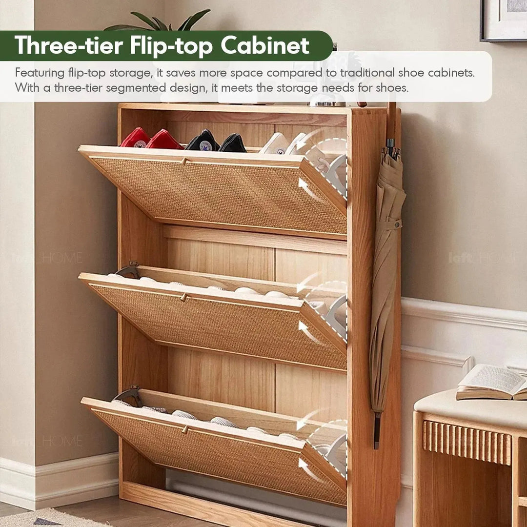 Scandinavian wood shoe cabinet vine weave in details.