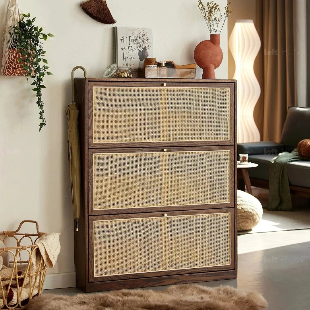 Scandinavian wood shoe cabinet vine weave detail 15.