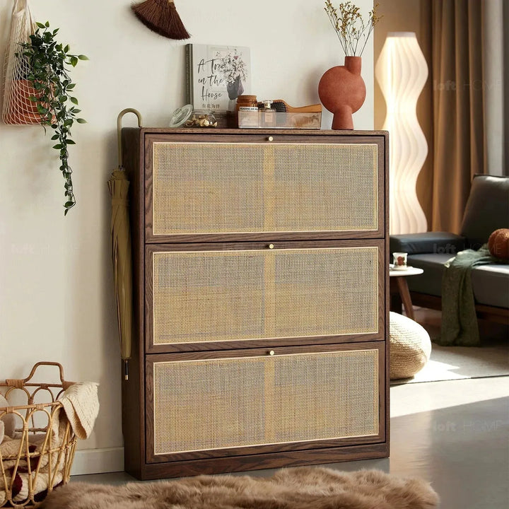 Scandinavian wood shoe cabinet vine weave detail 15.