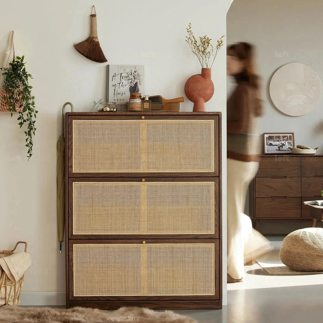 Scandinavian wood shoe cabinet vine weave detail 13.