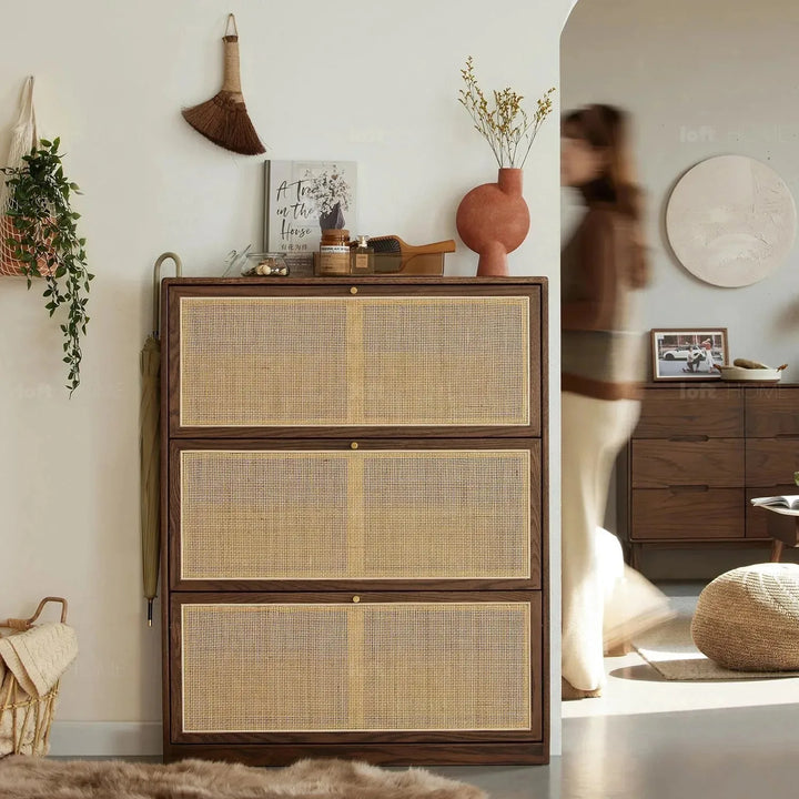 Scandinavian wood shoe cabinet vine weave detail 13.