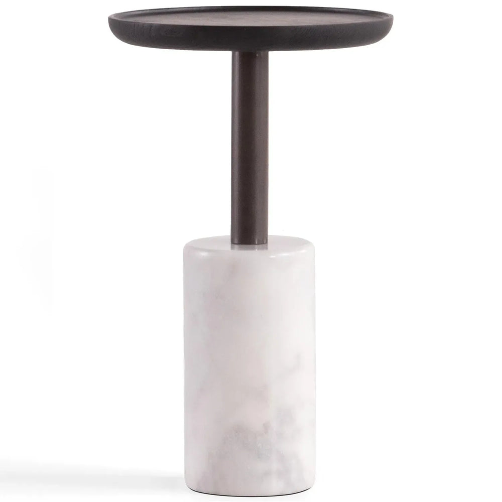 Japandi wood side table lumen in white background.