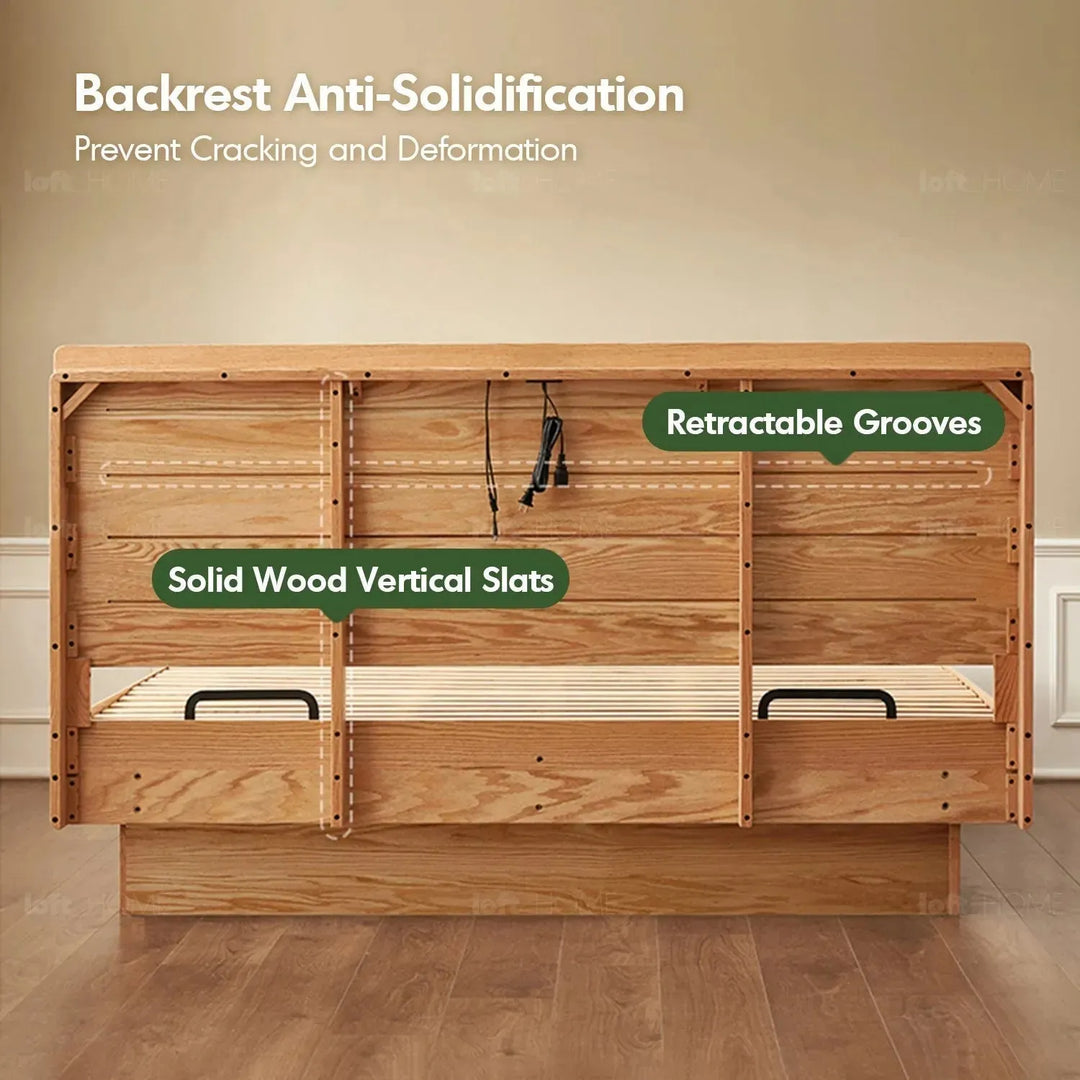 Scandinavian wood storage bed frame oakmist in still life.
