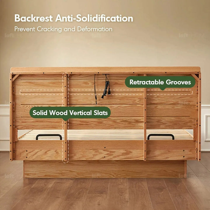 Scandinavian wood storage bed frame oakmist in still life.