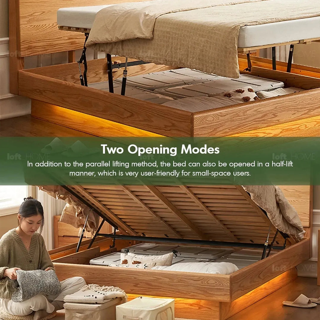 Scandinavian wood storage bed frame oakmist material variants.