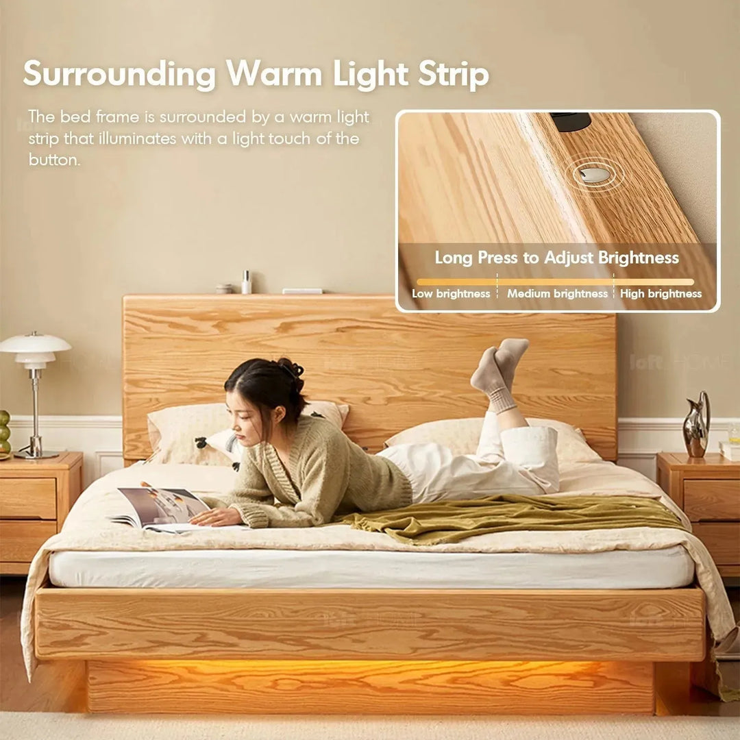Scandinavian wood storage bed frame oakmist in details.