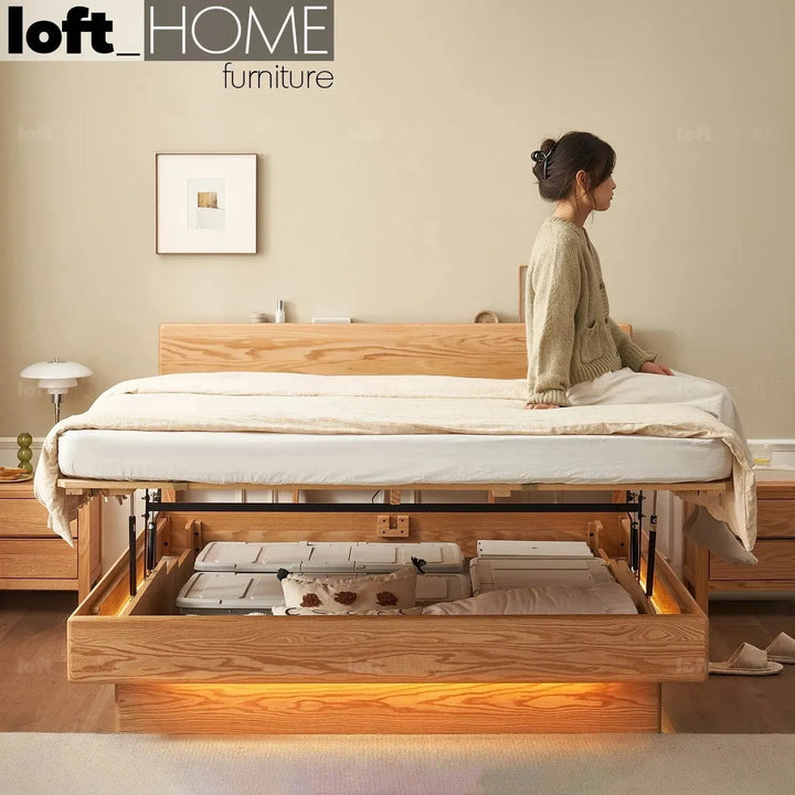 Scandinavian wood storage bed frame oakmist primary product view.