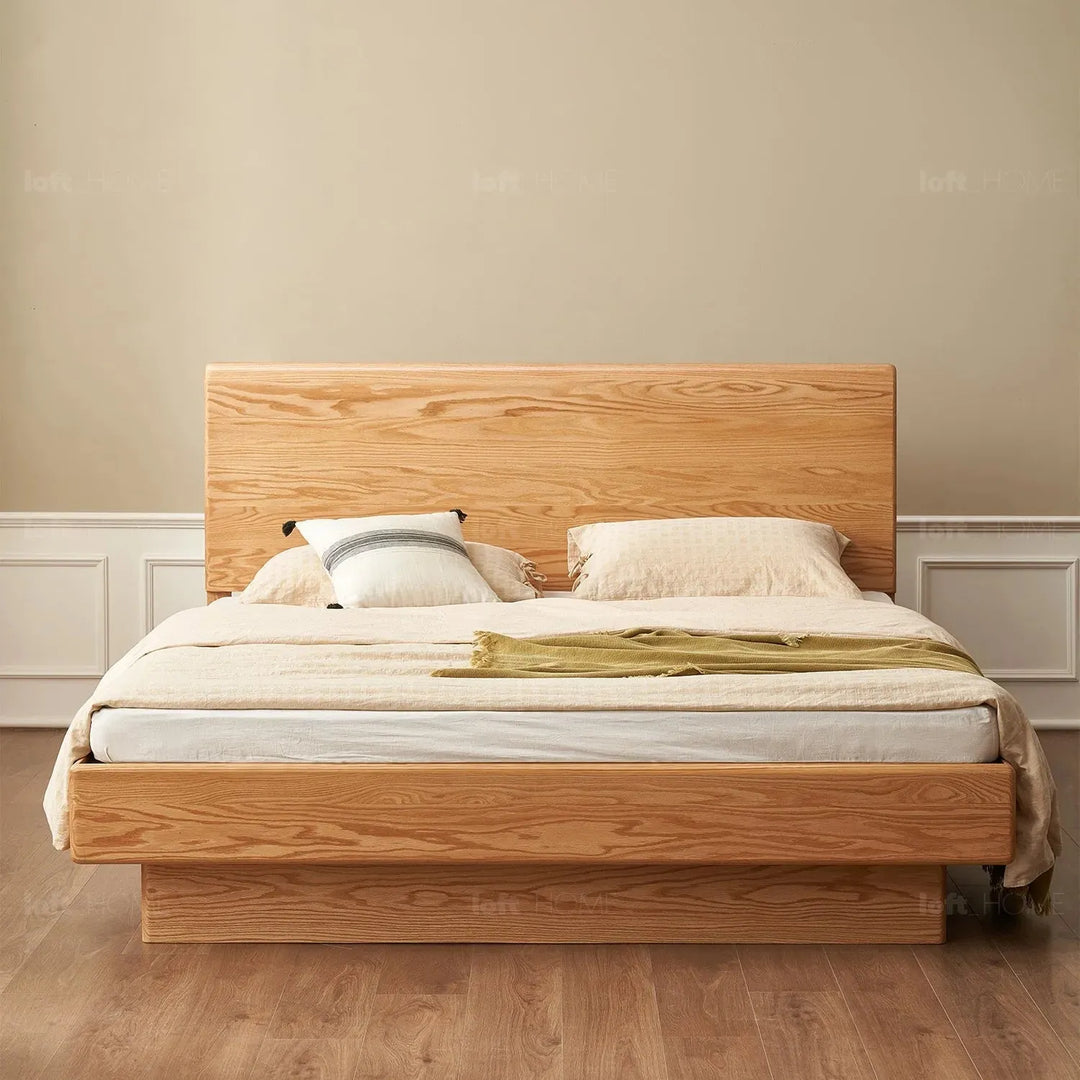 Scandinavian wood storage bed frame oakmist layered structure.