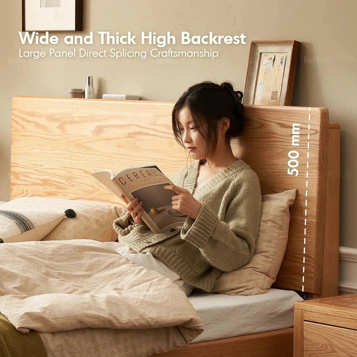 Scandinavian wood storage bed frame oakmist in panoramic view.