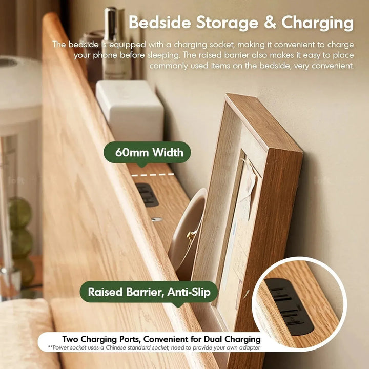 Scandinavian wood storage bed frame oakmist in close up details.