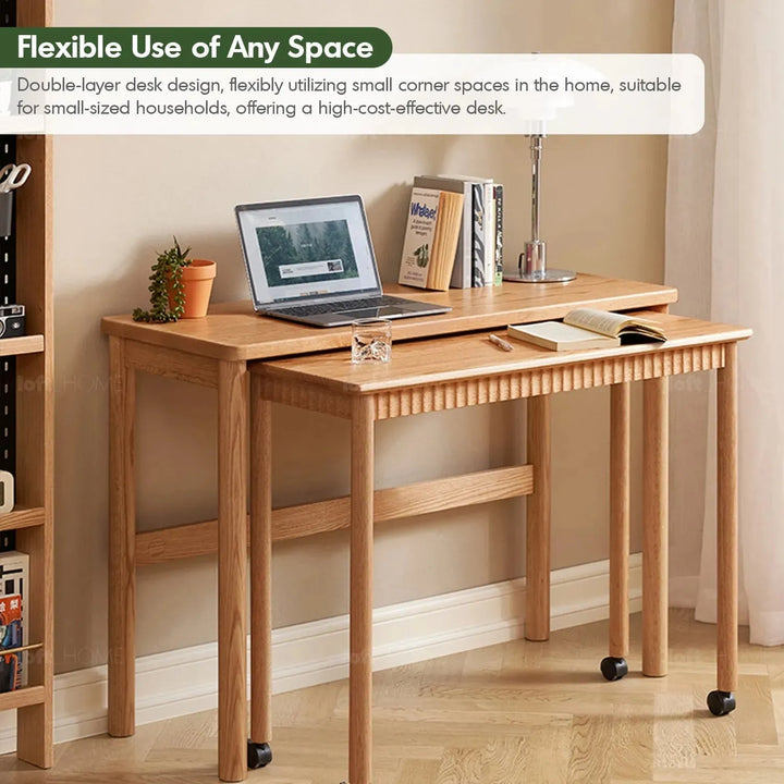 Scandinavian wood caster wheel extendable study table twin layer color swatches.