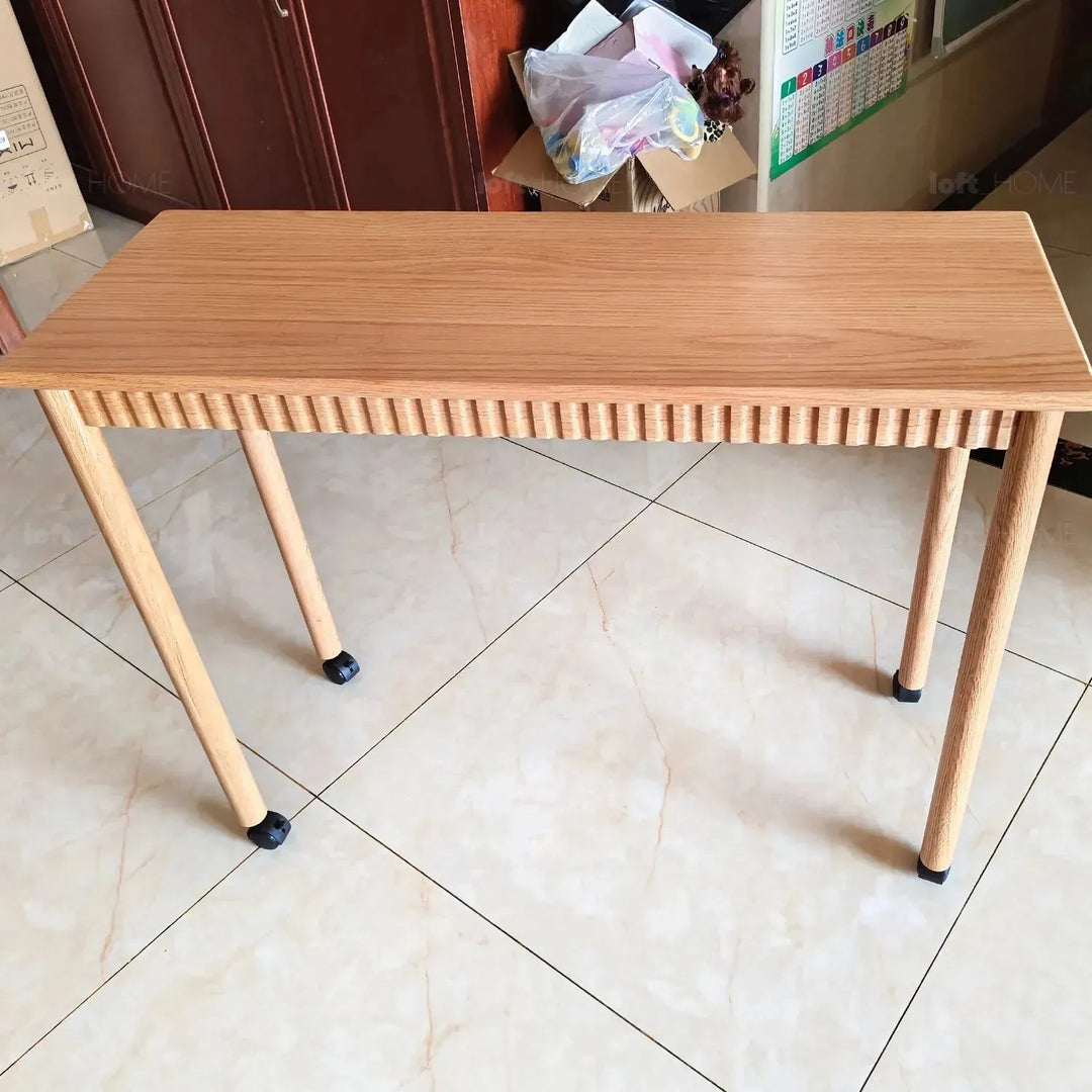 Scandinavian wood caster wheel extendable study table twin layer detail 7.