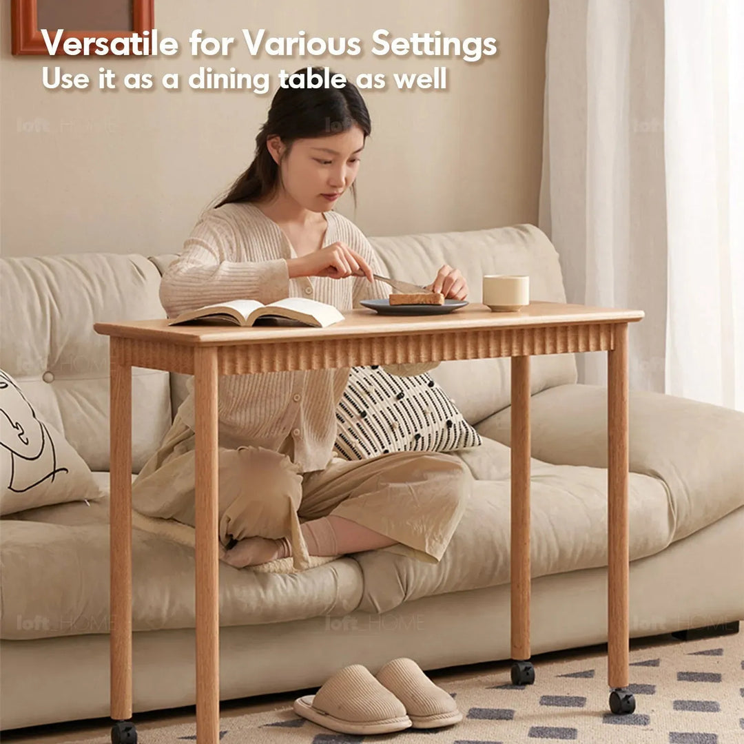 Scandinavian wood caster wheel extendable study table twin layer in details.