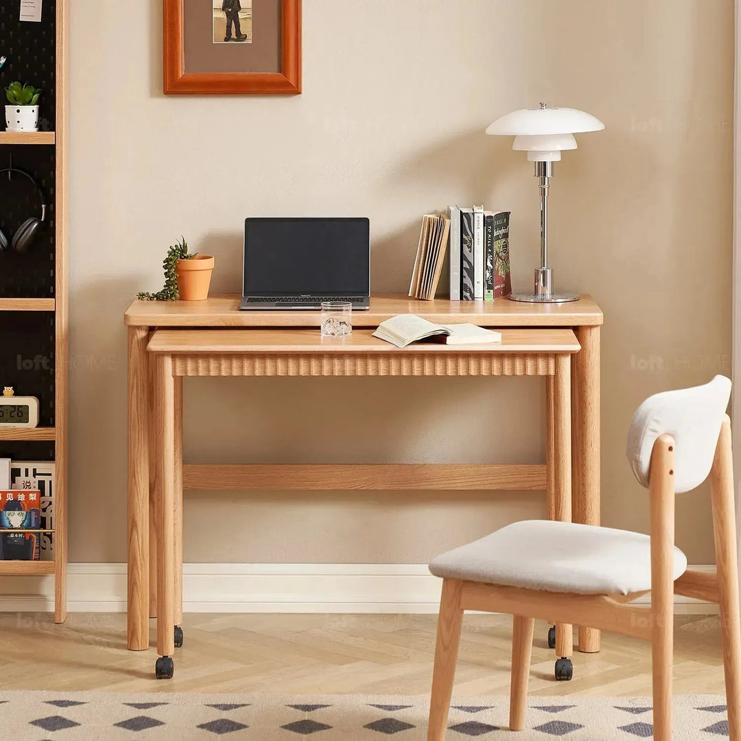 Scandinavian wood caster wheel extendable study table twin layer detail 3.