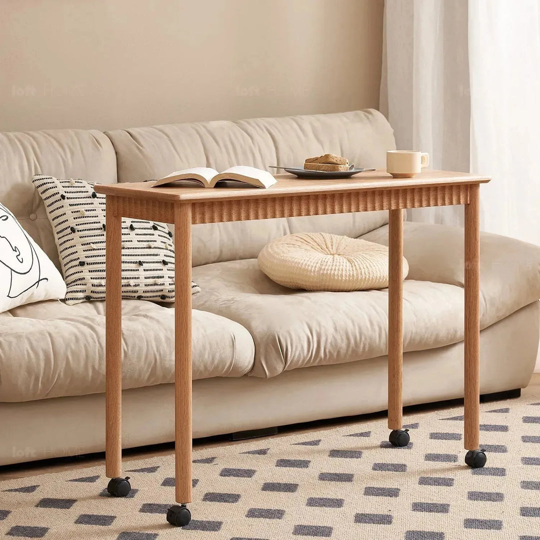 Scandinavian wood caster wheel extendable study table twin layer detail 4.