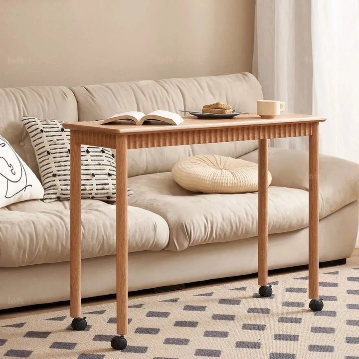 Scandinavian wood caster wheel extendable study table twin layer detail 4.