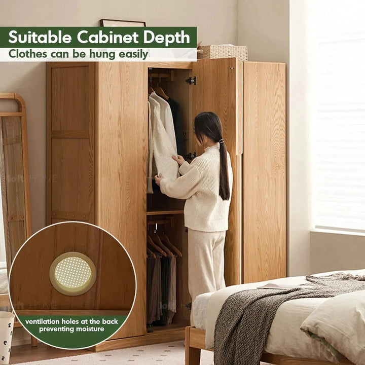 Scandinavian wood wardrobe belle in close up details.