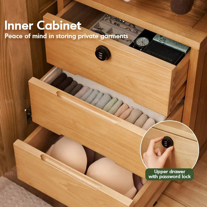 Scandinavian wood wardrobe belle in panoramic view.