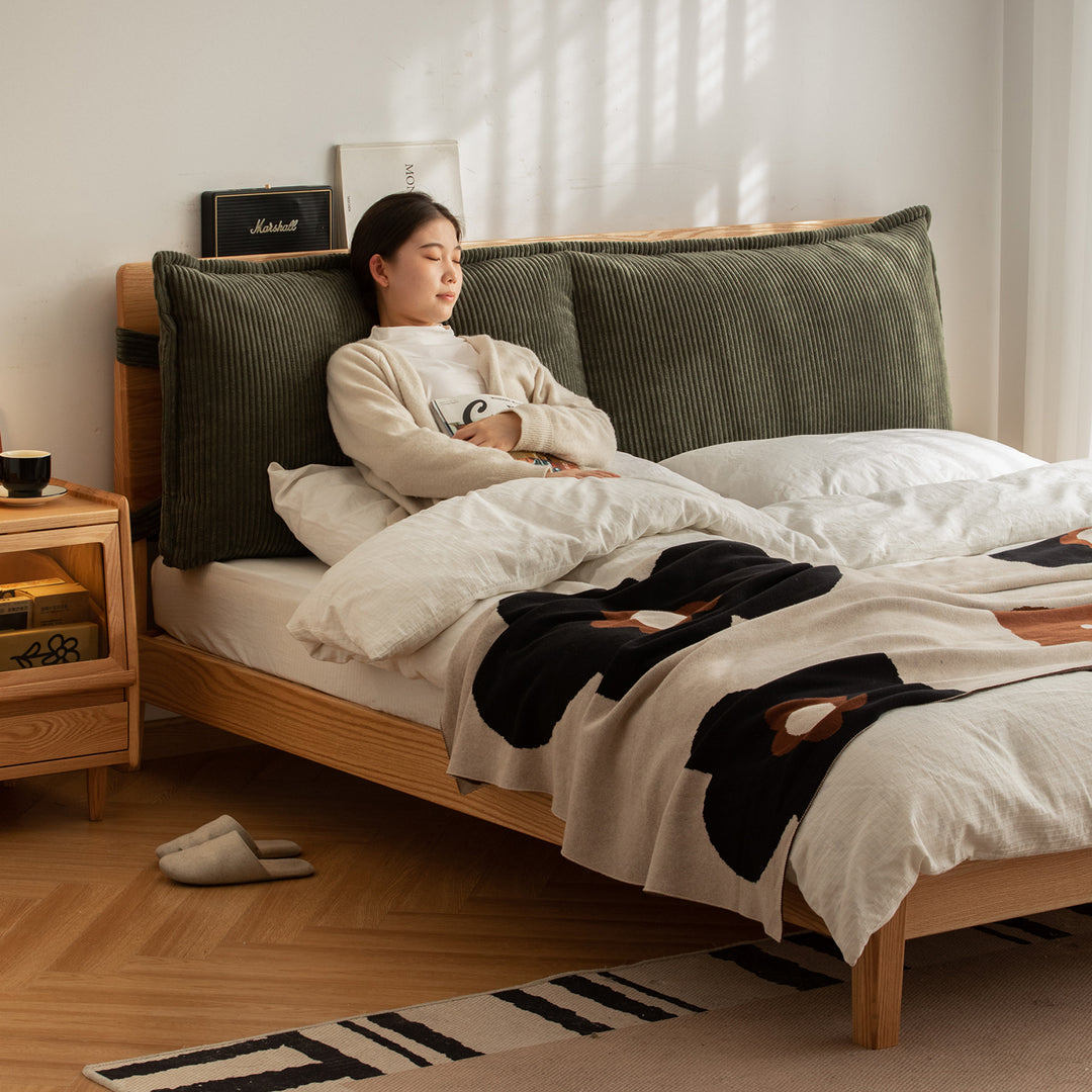 Universal corduroy velvet fabric bed head cushion in real life style.