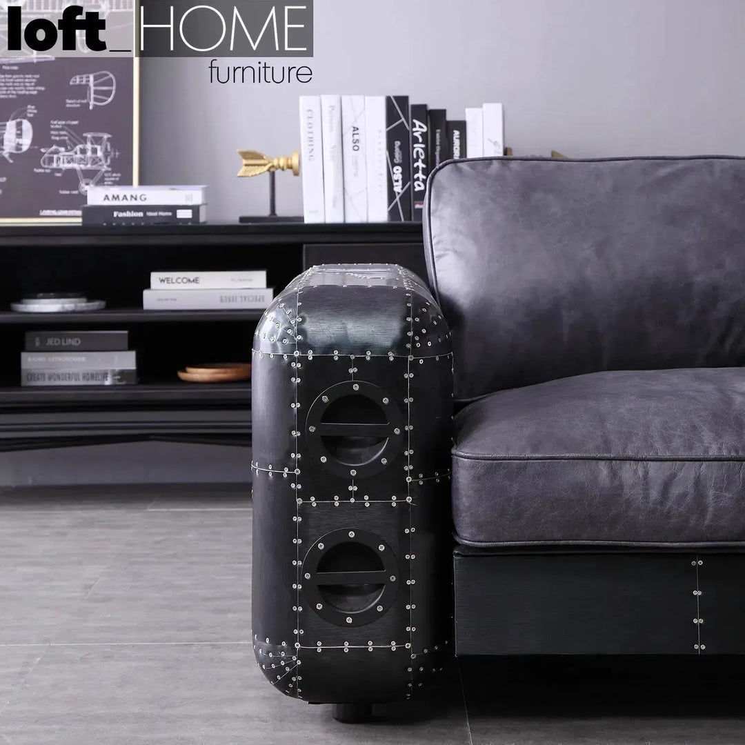 Industrial aluminium genuine leather 3 seater sofa black aircraft in panoramic view.