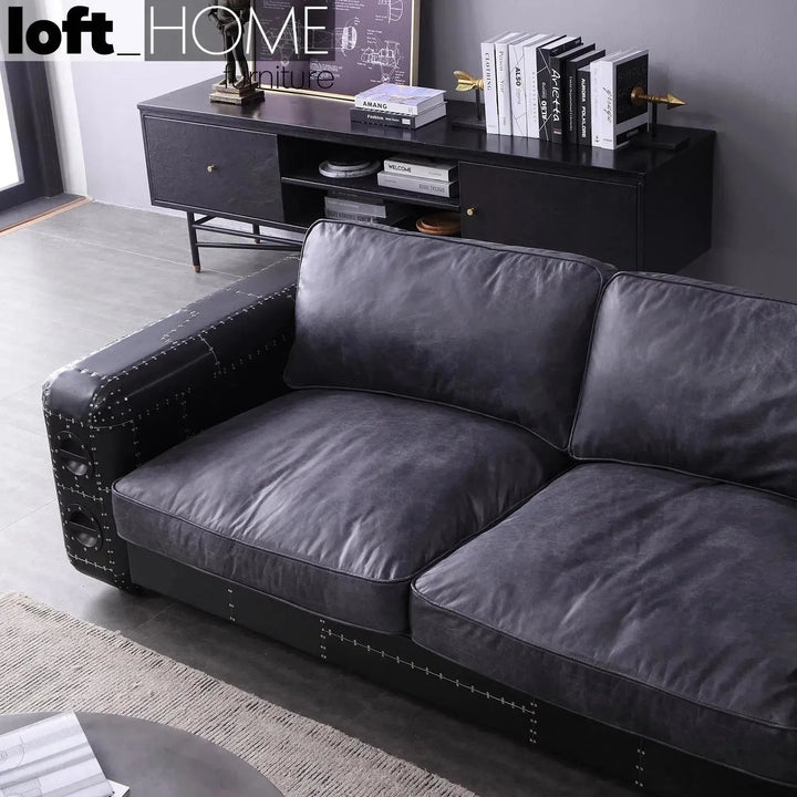 Industrial aluminium genuine leather 3 seater sofa black aircraft with context.