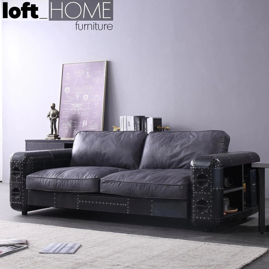 Industrial aluminium genuine leather 3 seater sofa black aircraft primary product view.