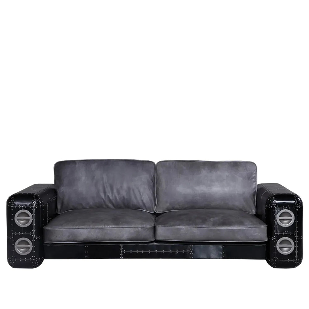 Industrial aluminium genuine leather 3 seater sofa black aircraft in white background.