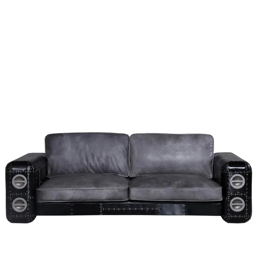 Industrial aluminium genuine leather 3 seater sofa black aircraft in white background.