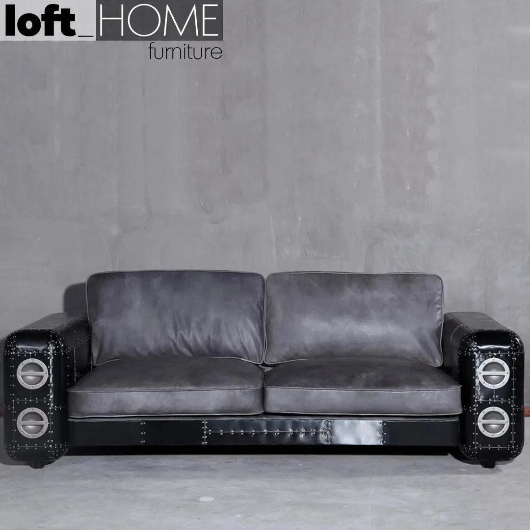 Industrial aluminium genuine leather 3 seater sofa black aircraft layered structure.