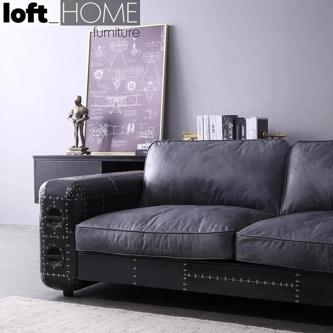 Industrial aluminium genuine leather 3 seater sofa black aircraft environmental situation.