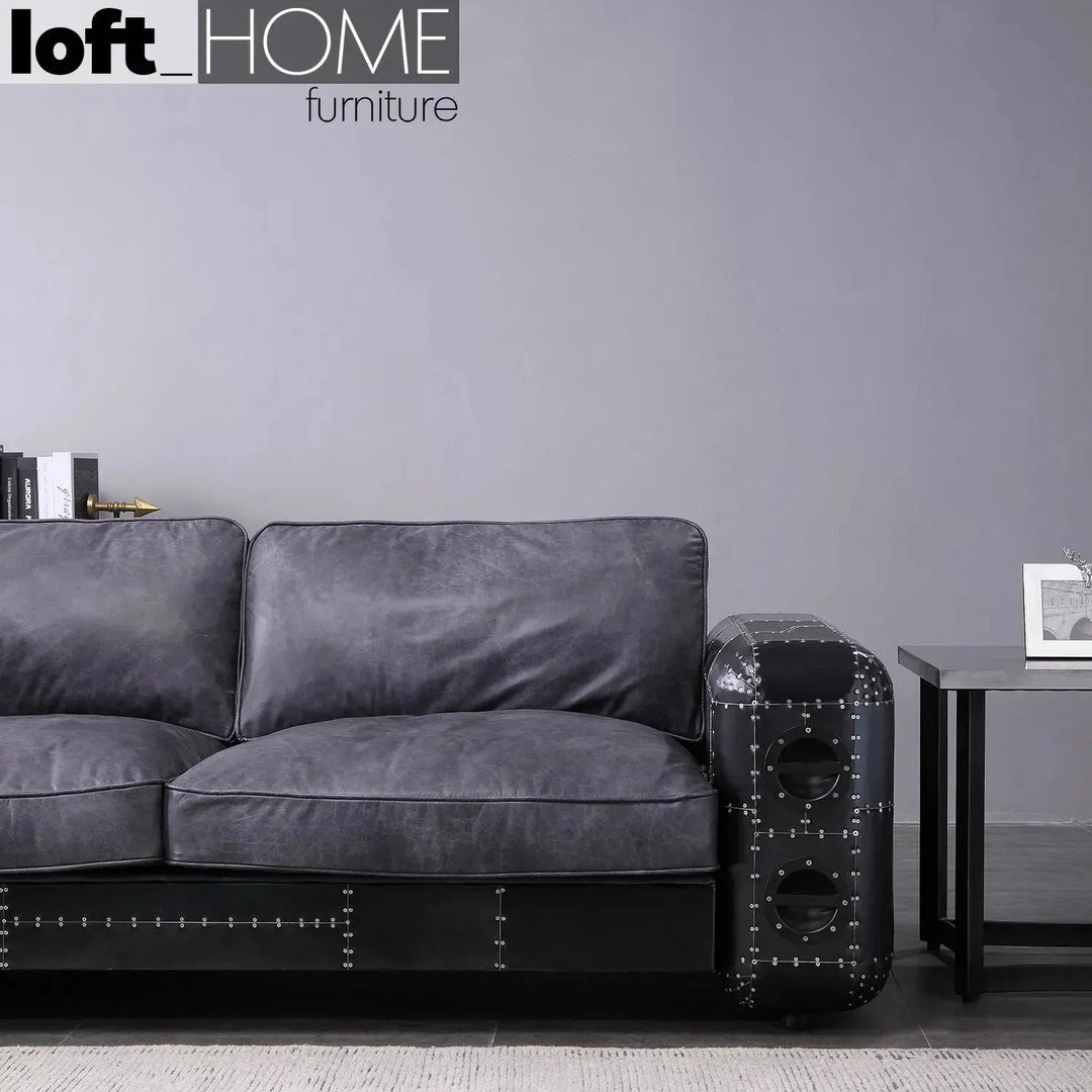 Industrial aluminium genuine leather 3 seater sofa black aircraft conceptual design.