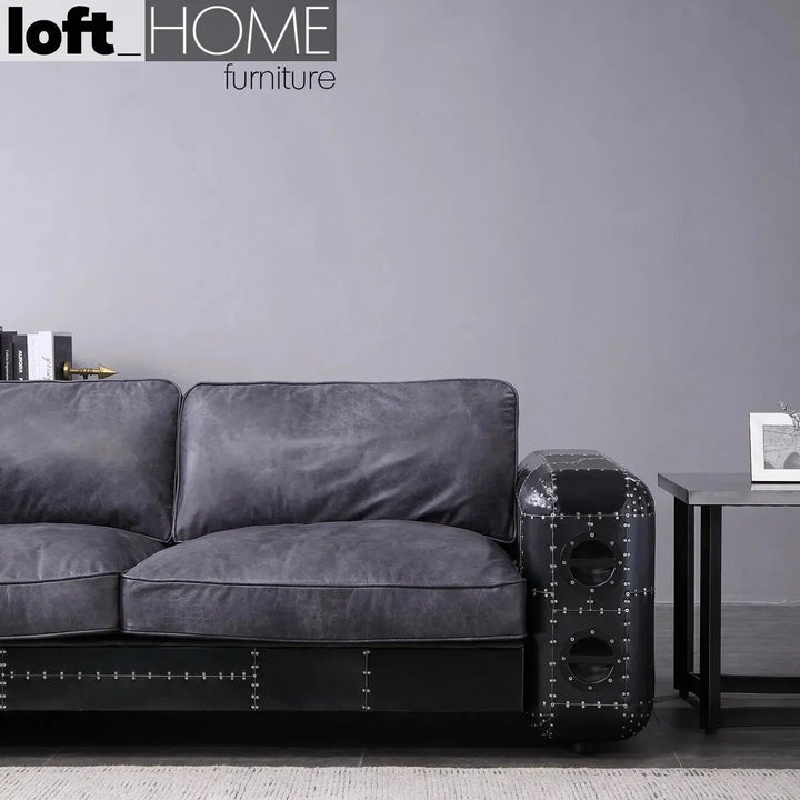 Industrial aluminium genuine leather 3 seater sofa black aircraft conceptual design.