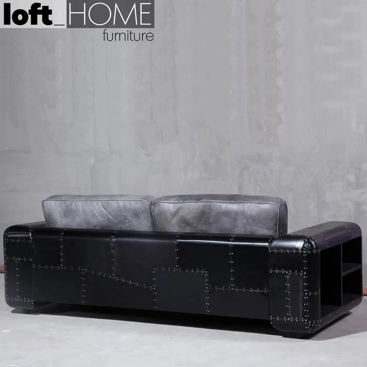 Industrial aluminium genuine leather 3 seater sofa black aircraft detail 2.