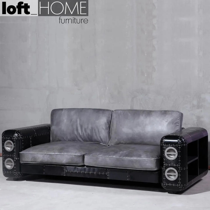 Industrial aluminium genuine leather 3 seater sofa black aircraft detail 1.