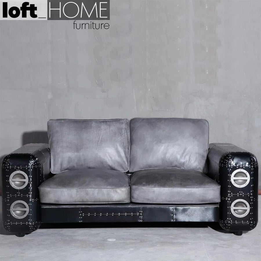 Industrial aluminium leather 2 seater sofa black aircraft primary product view.
