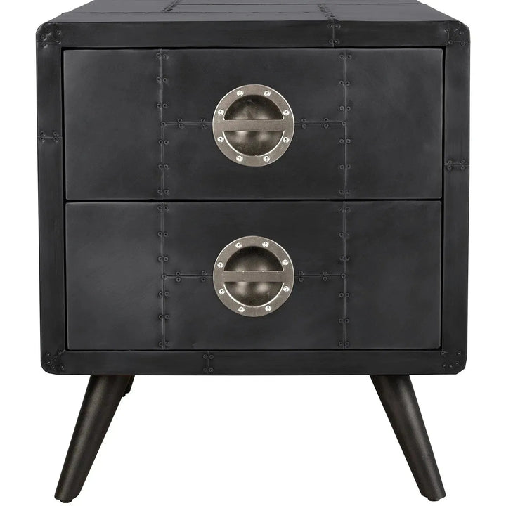 Industrial aluminium side table jetbrass with context.