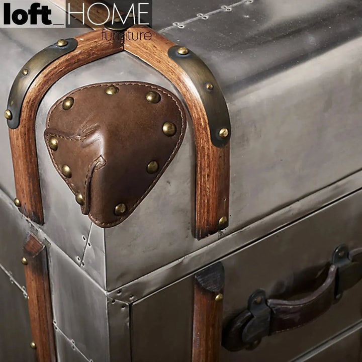 Industrial aluminium side table richards' trunk in close up details.