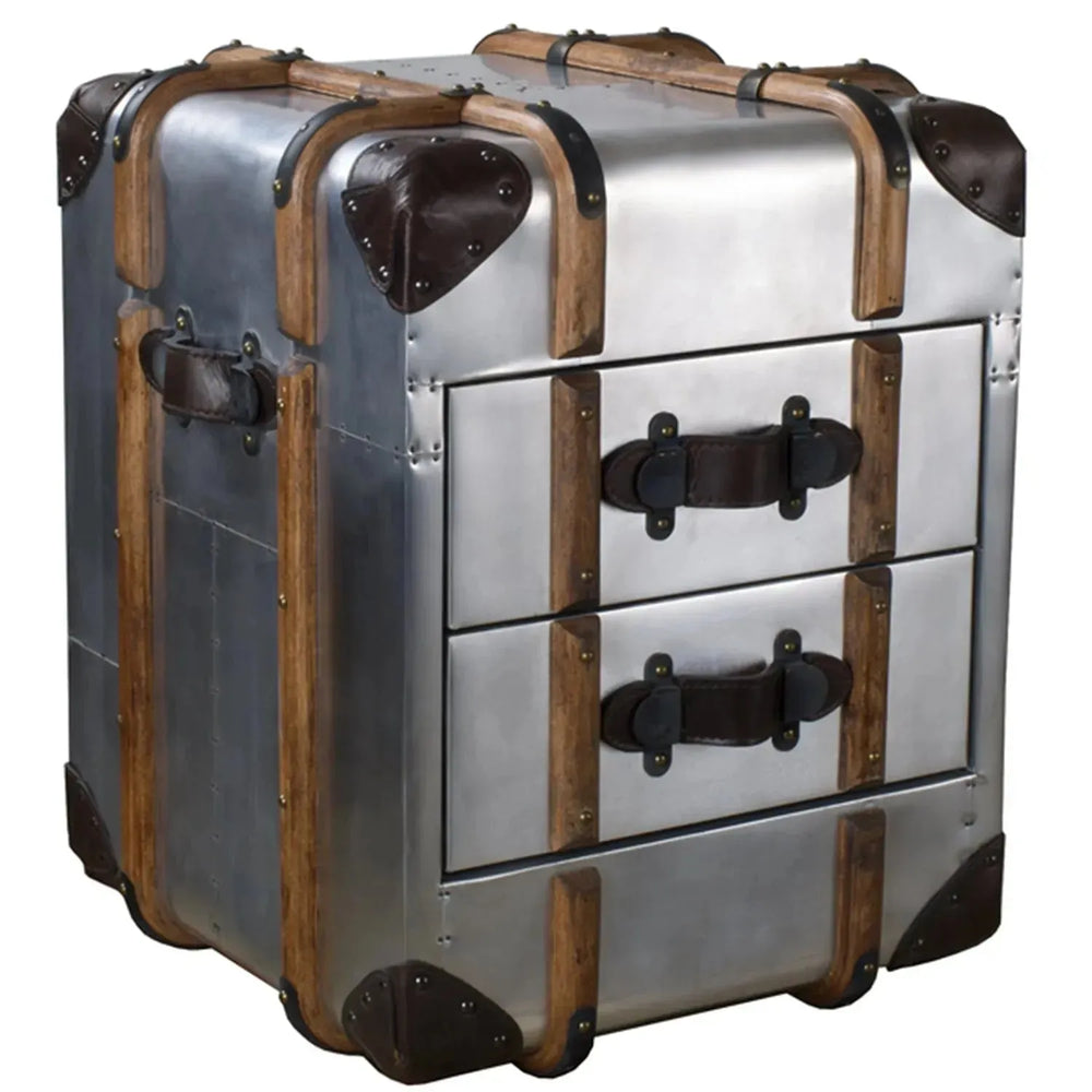 Industrial aluminium side table richards' trunk in white background.