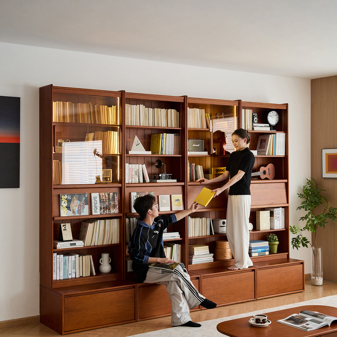 Vintage boxwood bookshelf vista in panoramic view.