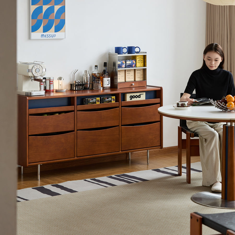 Vintage boxwood chest of 9 drawers mies in close up details.