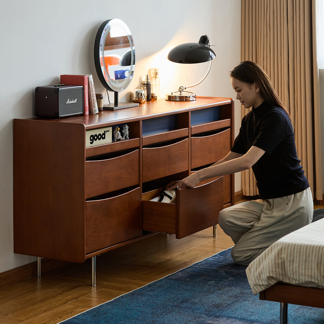 Vintage boxwood chest of 9 drawers mies in panoramic view.