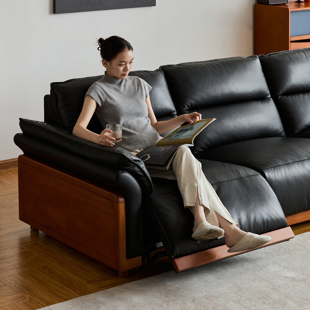 Vintage boxwood genuine leather electric recliner 3 seater sofa edgeless in details.