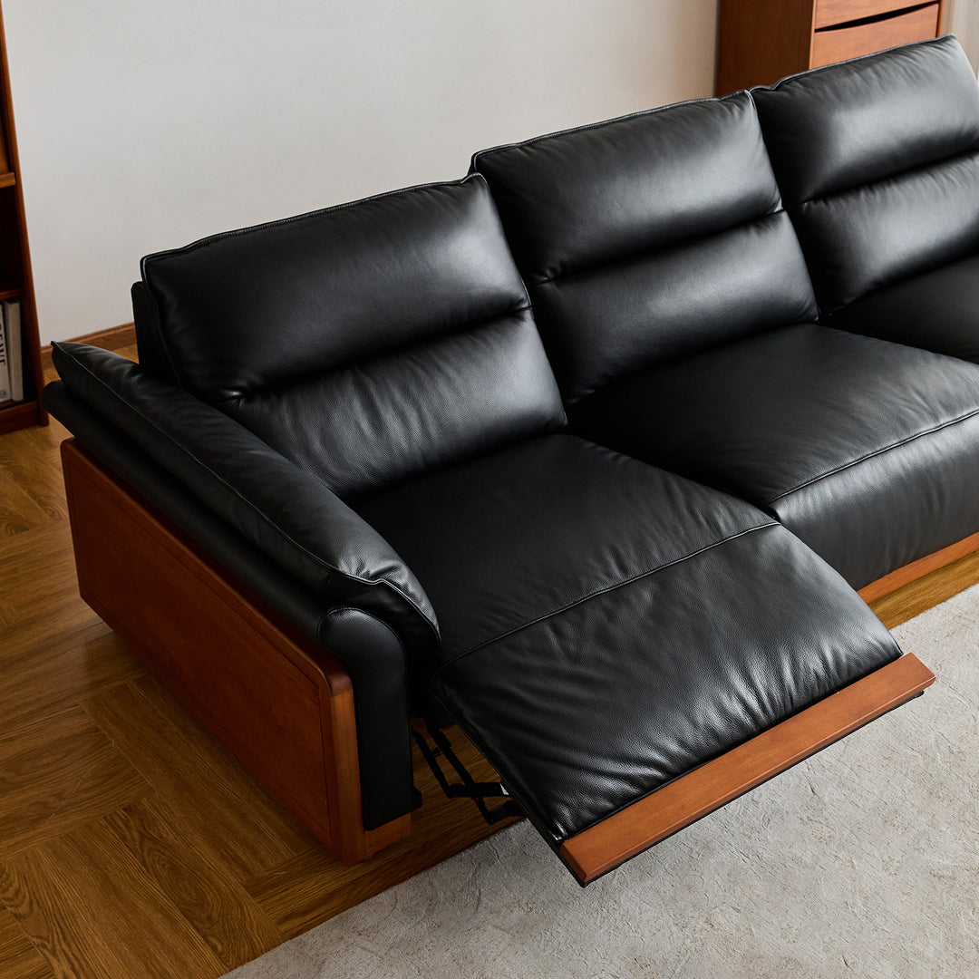 Vintage boxwood genuine leather electric recliner 3 seater sofa edgeless in panoramic view.