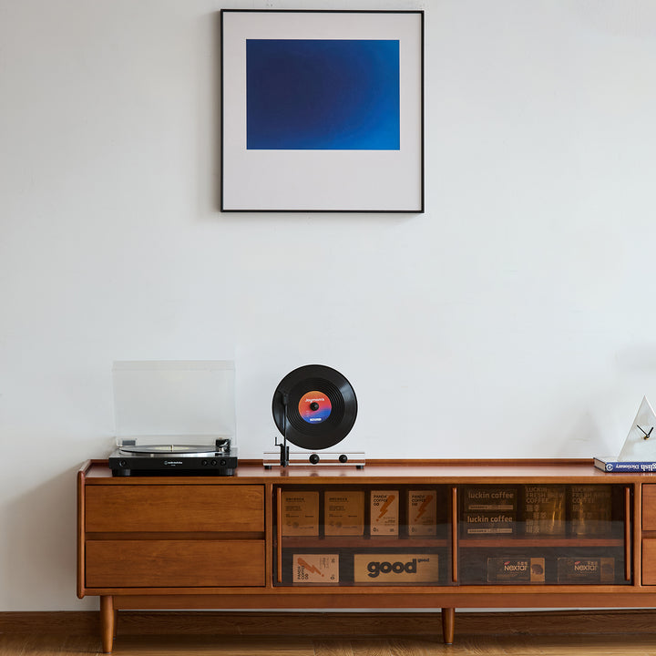 Vintage boxwood tv console vista in panoramic view.