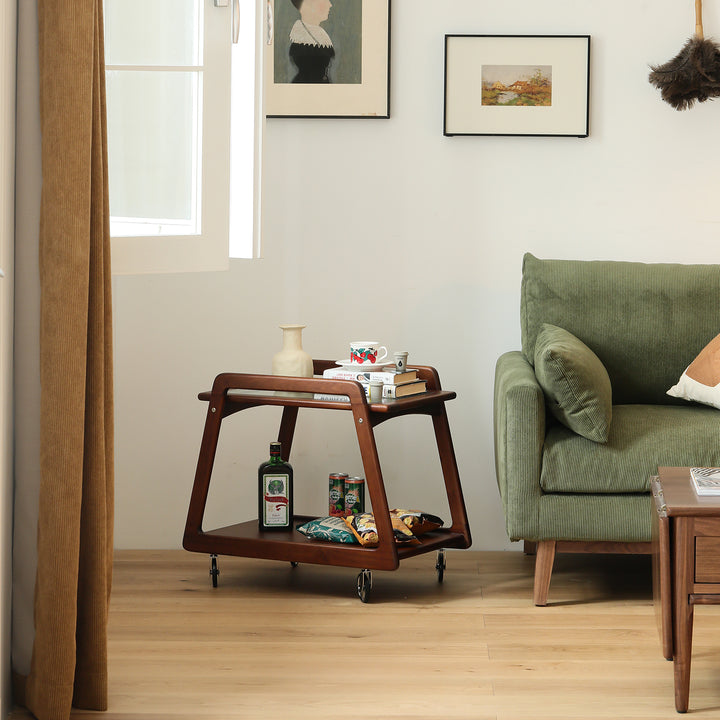 Vintage boxwood wheeled trolley side table yoyo in details.
